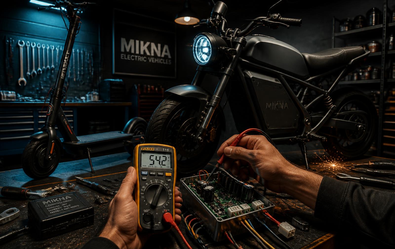 Bancada de reparo com scooter elétrica, moto elétrica e multímetro medindo controlador
